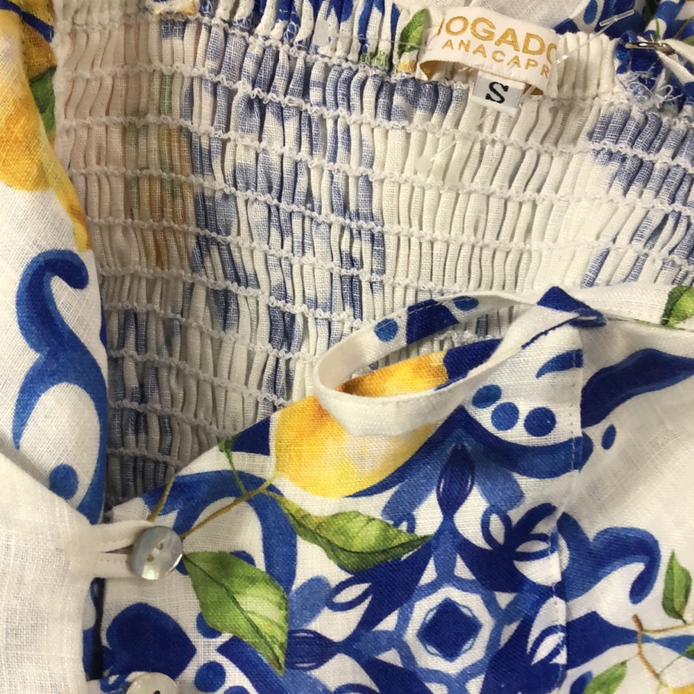 Mogador Ana Capri  Linen White Lemon-Print Midi Dress Size S - Picture 11 of 11